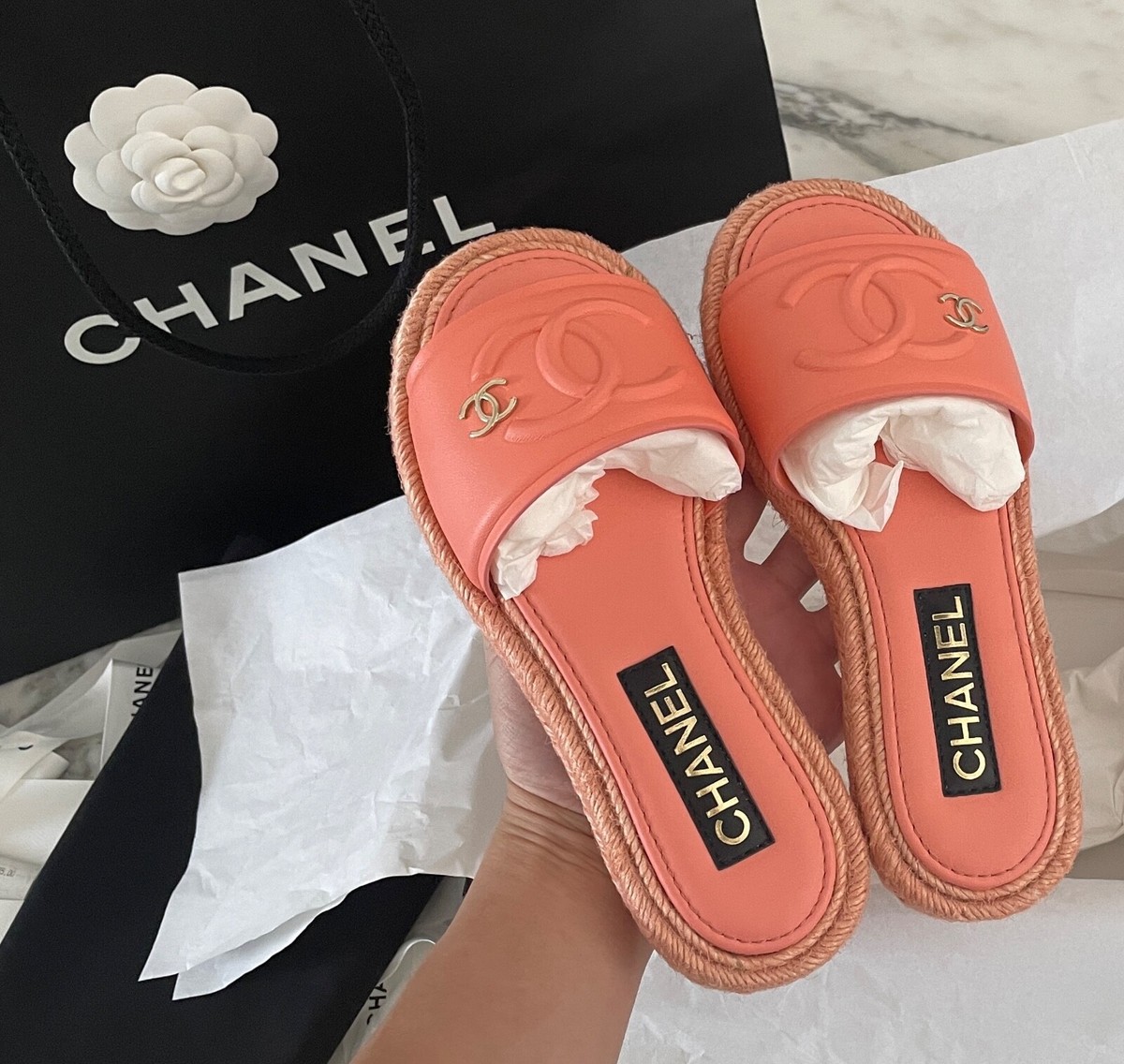 CHANEL light orange women's espadrilles sandals shoes CHANEL light orange women's espadrilles sandals shoes