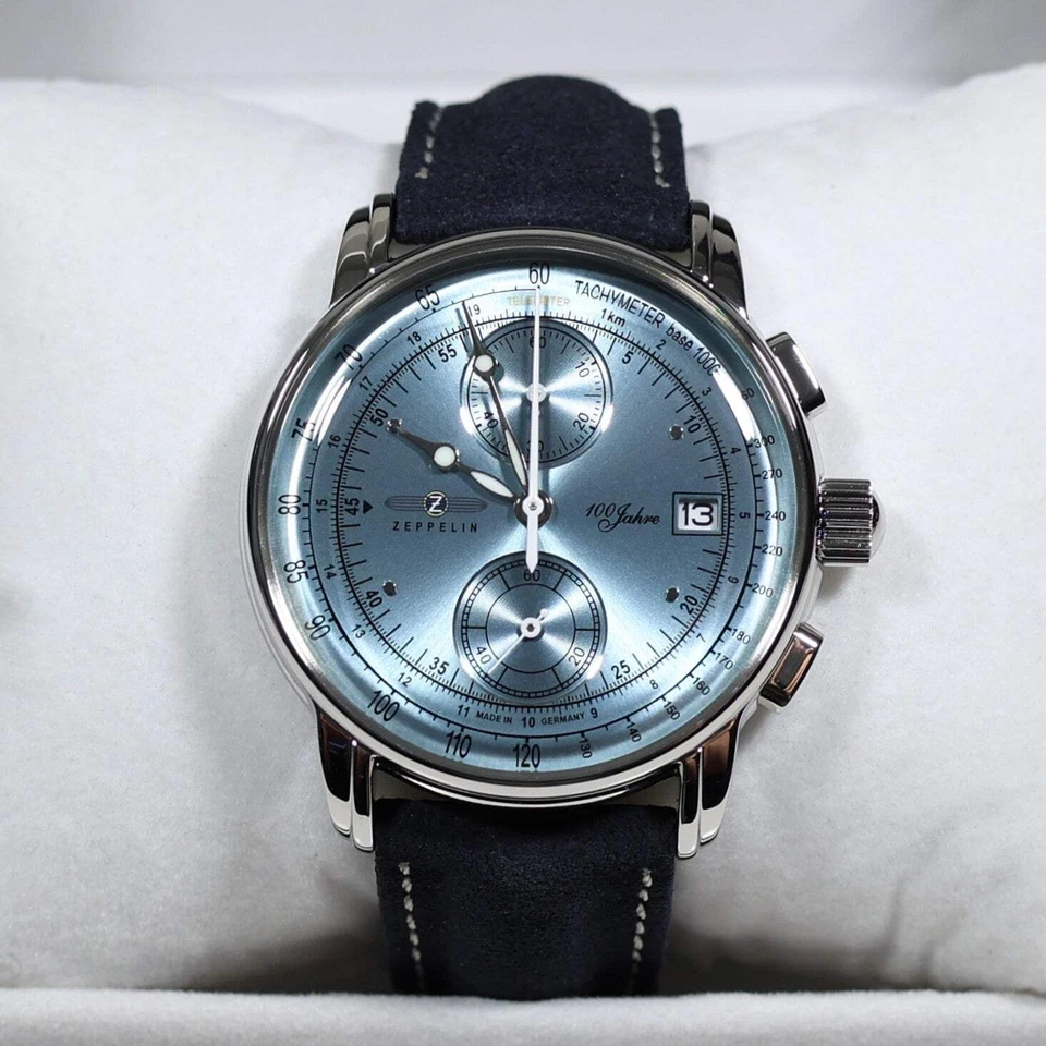 Reloj Zeppelin 8670-4 100 Años Hombre Esfera Azul Acero Inoxidable Correa Cuero Foto 2 de 4