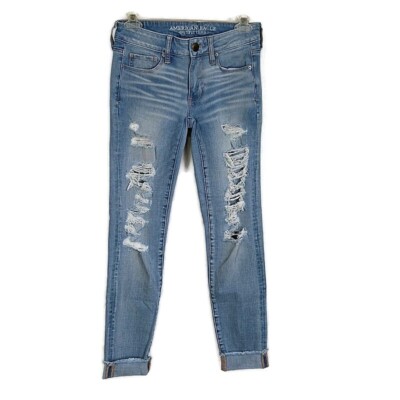 American Eagle Womens sz 0 Jeans Skinny Light Wash Distressed Denim Stretch