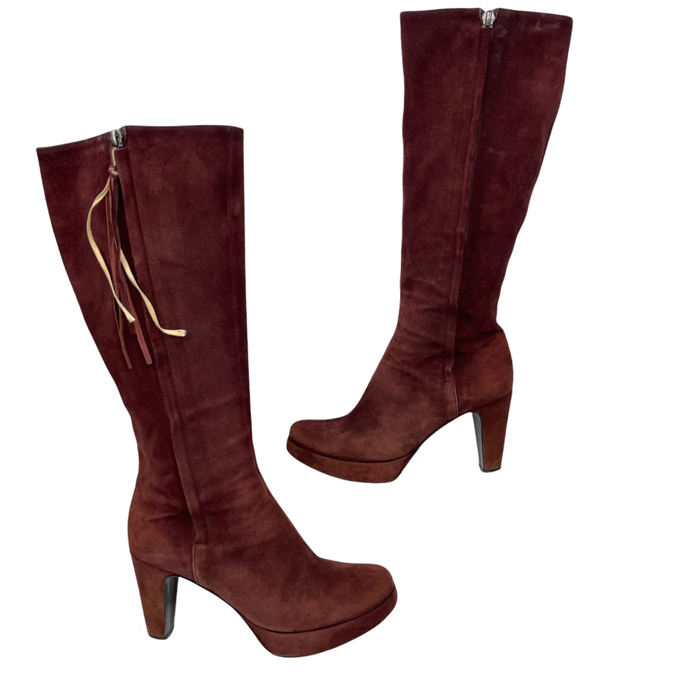 Pollini Womens Maroon Lush Suede Tassel Tall Heel Double Zip Tall Boot Size 6.5 - Image 2 of 4