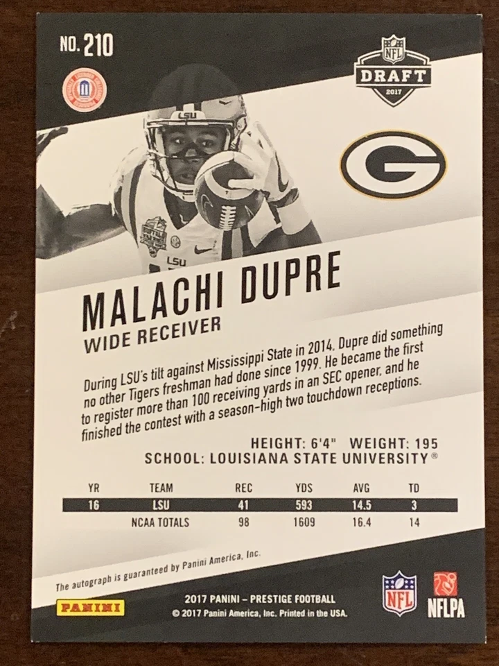 2017 Panini Prestige Xtra Points Purple MALACHI DUPRE Auto Autograph Rookie /100 - Image 2 of 3