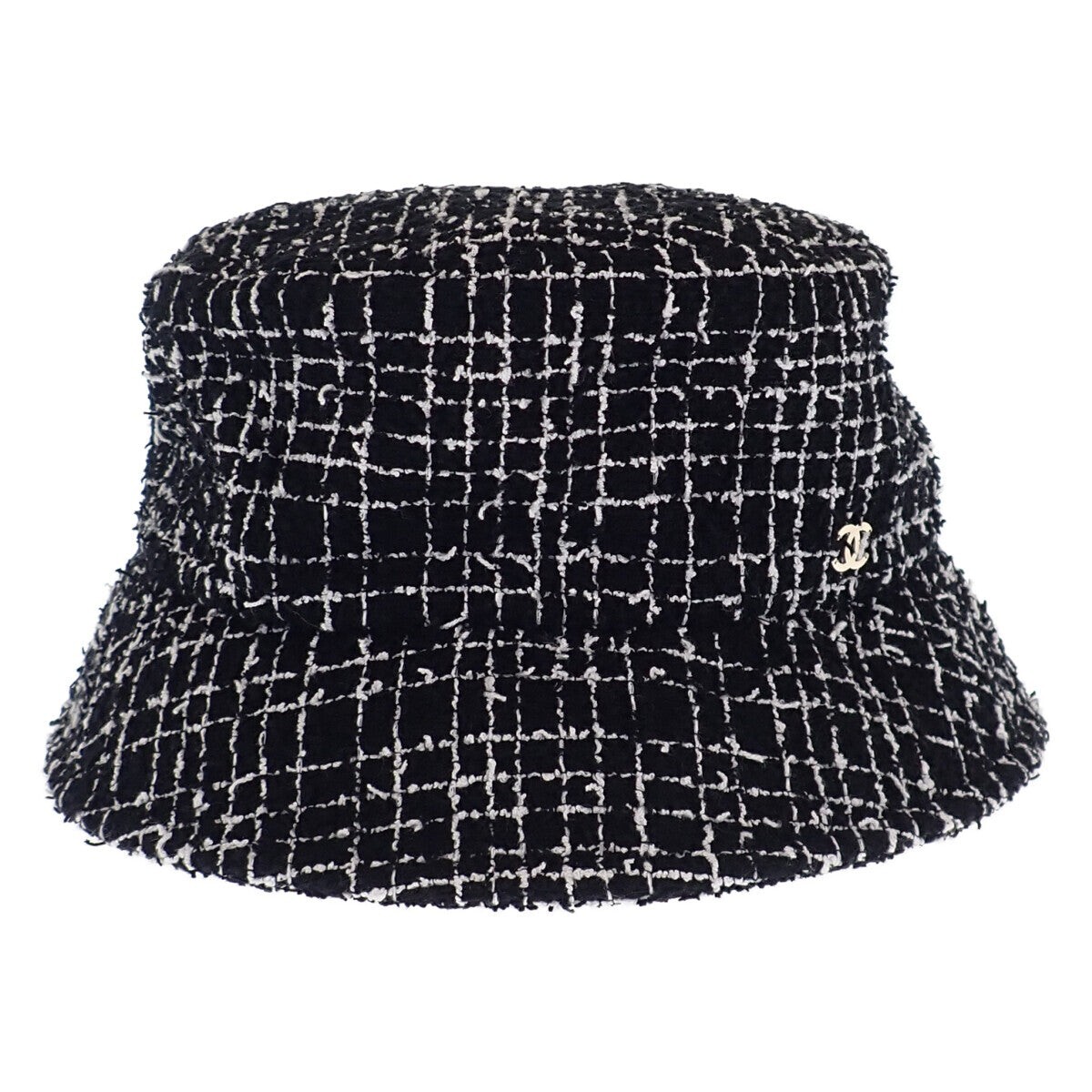 CHANEL Tweed Bucket Hat Hat Coco Mark Cotton Black L Size