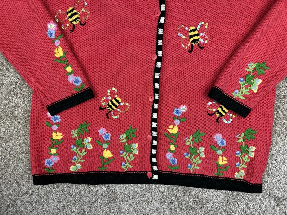 Quacker Factory Bumble Bee Flower Cottagecore Sweater Women Sz L Pink Coral EUC - Image 2 of 4