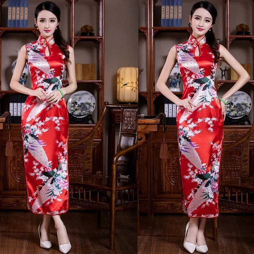 Chinese Sexy Women's Silk Satin Peacock Qipao Evening Dress Long Cheongsam S-2XL - Picture 13 of 27