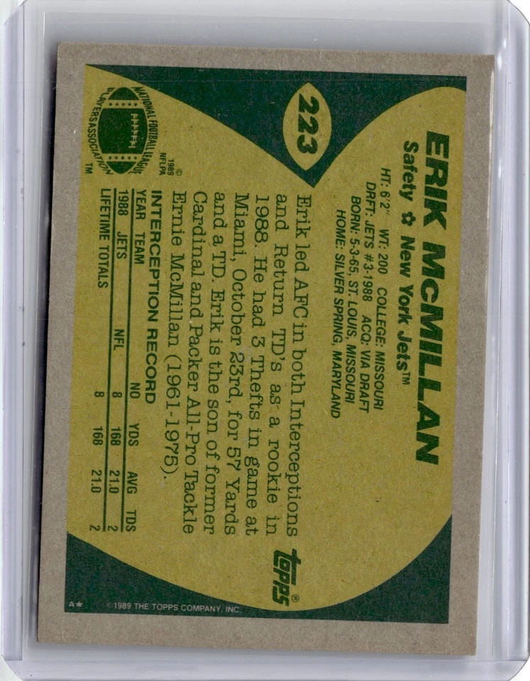 1989 Topps Erik McMillan Football Card New York Jets #223 - Image 2 of 2