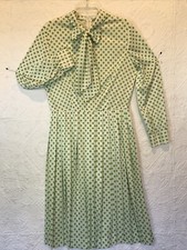 Vintage 1960'S Green Polka Dot Day Dress Pussy Bow Pleated
