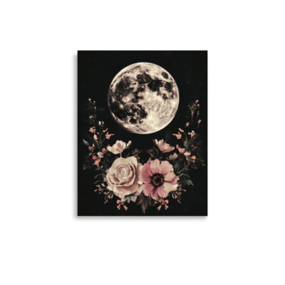 Dark Full Moon Wall Art | Floral Night Scene Inspirational Decor