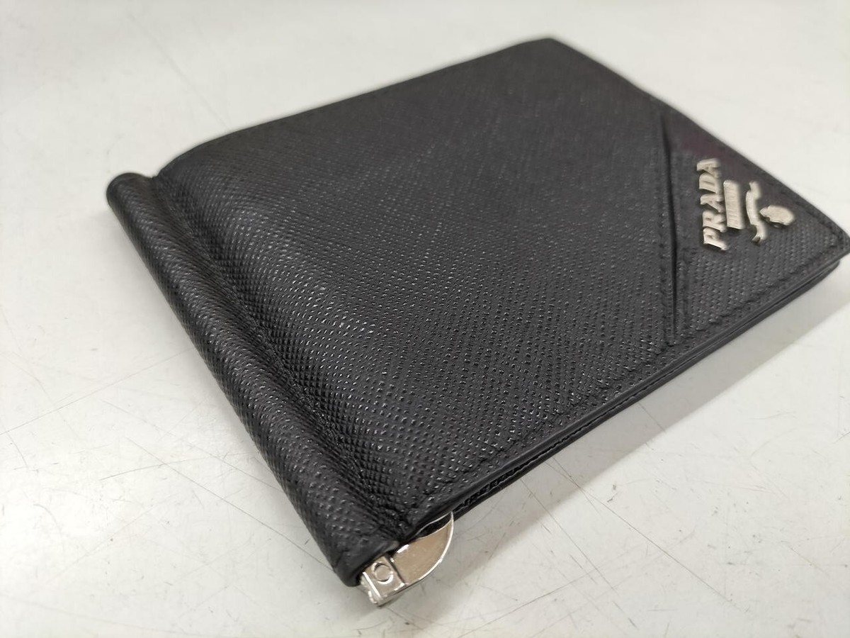 小物 PRADA SAFFIANO CLIP LEATHER WALLET PRADA Saffiano Money Clip Bifold Wallet Card Case Black Leather