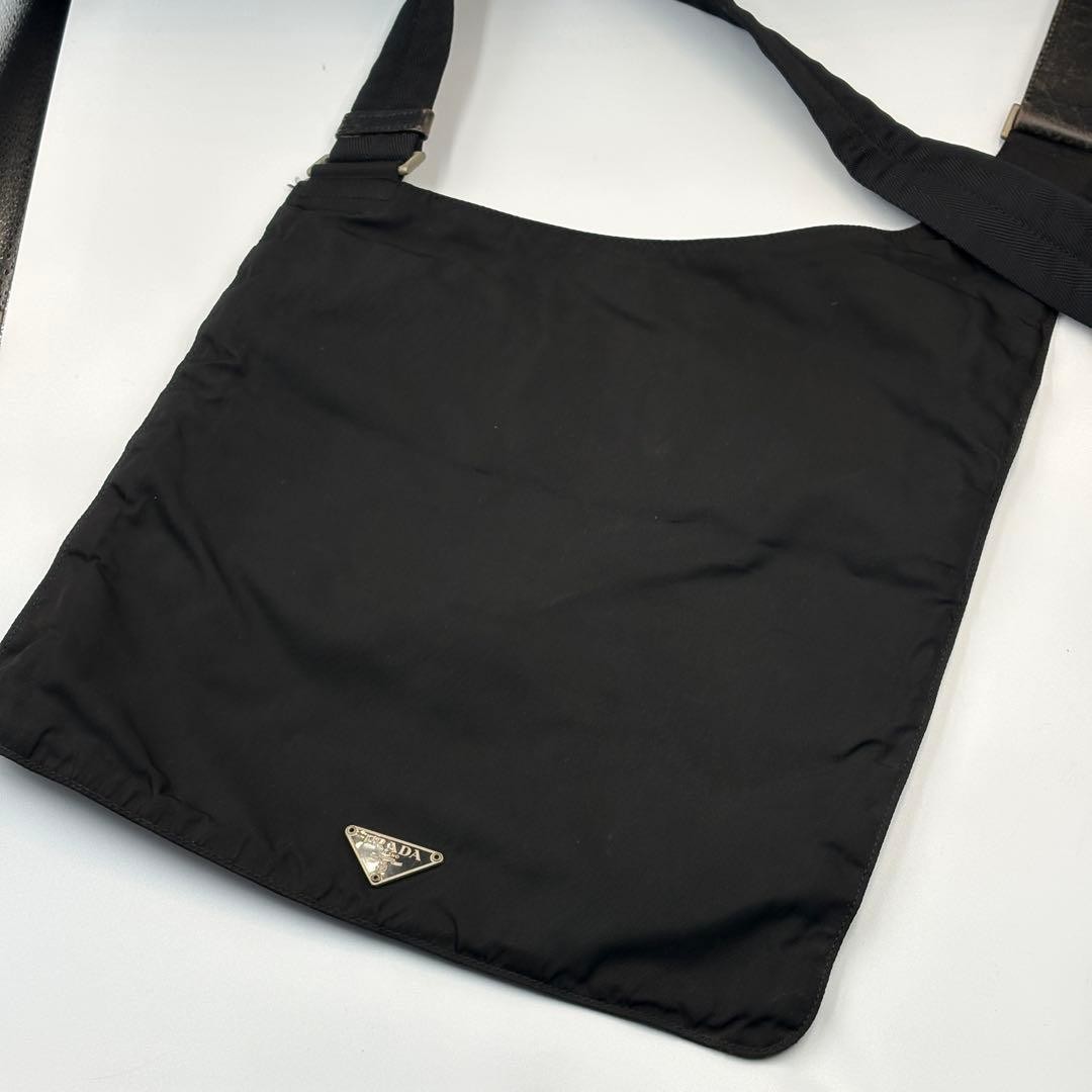 PRADA Nylon Shoulder Bag Black Triangle Logo Diagonal Crossbody Authentic Italy