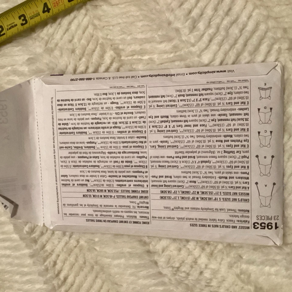 Simplicity 1953 Misses Childs Hats In Three Sizes Animal Themed Pattern Uncut - Image 2 of 2