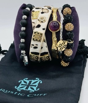 Rustic Cuff 5 Pc Bracelet Stack Leopard Purple Crystal Goldtone Black