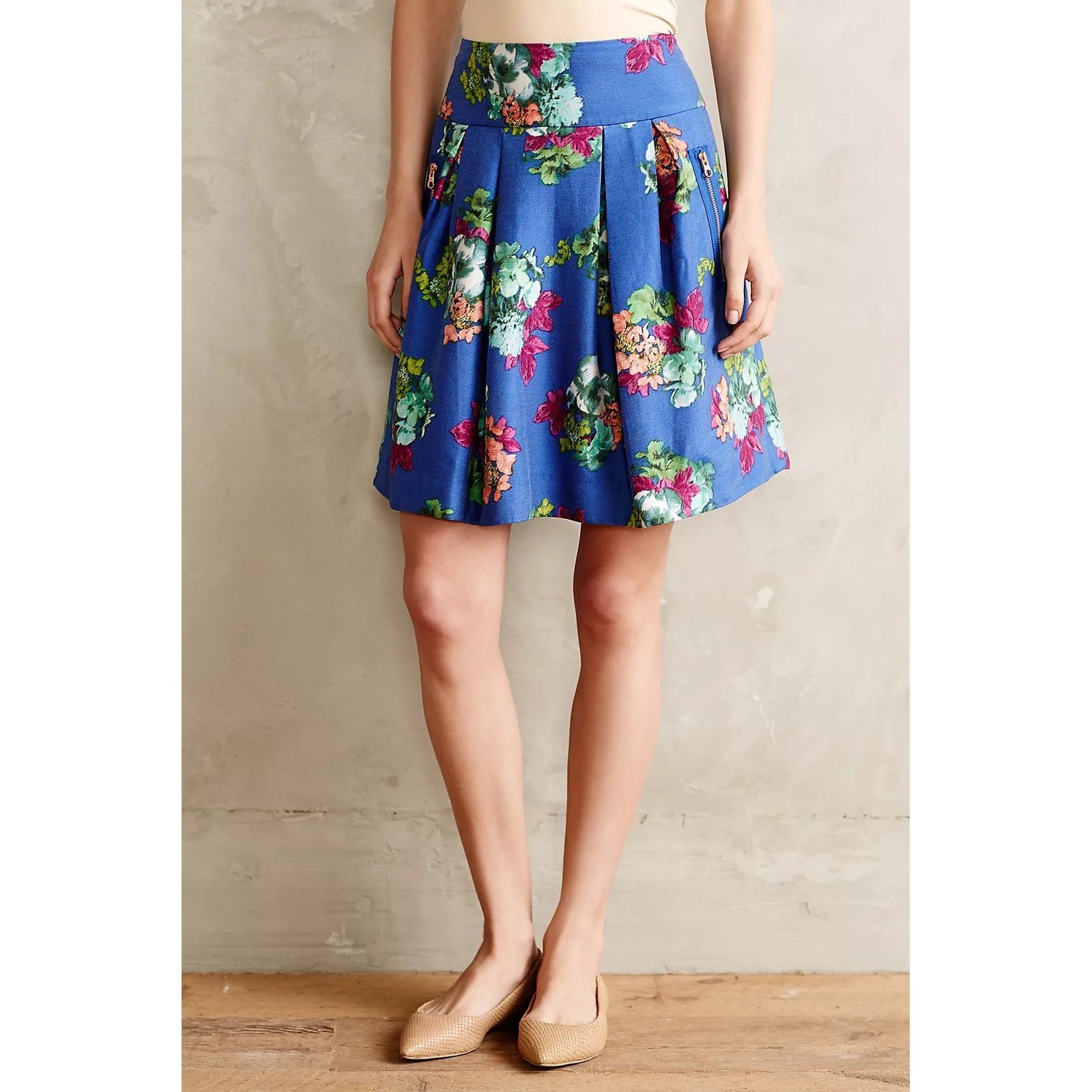 Anthropologie Maeve Blue Floral Garden Days Short Skirt Cotton Silk Size 6