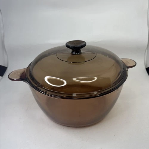 Vtg Visions Corning Ware Pyrex Amber 4.5L Glass Dutch Oven Stock Pot & Lid
