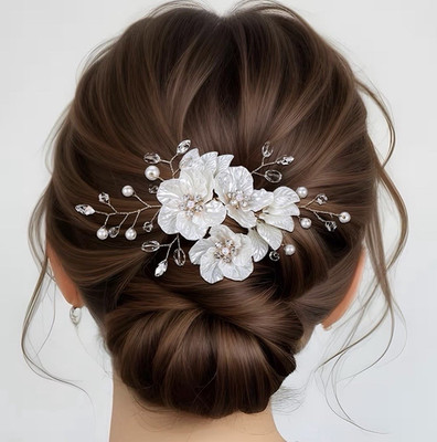 Braut Haarspange/Haarclip Blumen mit Perlen & Strass Weiß/Silber 14x5 cm