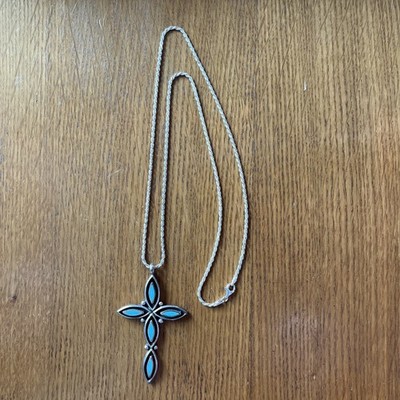 Sterling Silver Zuni Turquoise Cross Necklace, Southwest Native, 24 Inch, #3400