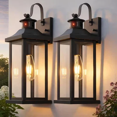 8 In. Matte Black Motion Sensing Dusk to Dawn Outdoor Hardwired Wall Lantern Sco - Image 1 of 4