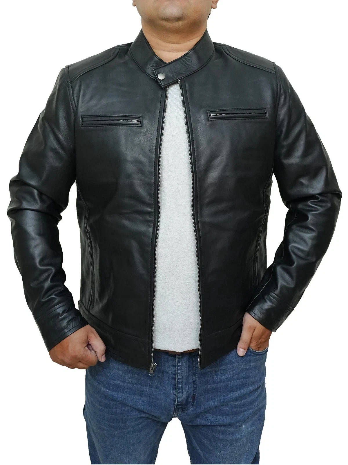 Men’s Black Biker Cafe Racer Moto Jacket Real SheepSkin Leather Jacket Slim Coat