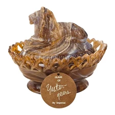 IMPERIAL GLASS CARMEL SLAG LION 7½" COVERED CANDY DISH OVAL WITH LACE EDGES