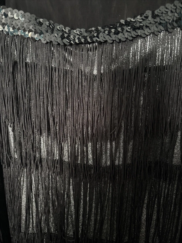 Black Fringe Sequin Flapper Dress L Women’s 1920s Gatsby Halloween Costume Vtg - Image 3 of 4