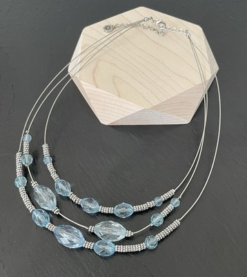 Napier Light Blue Beads Silvertone Multi Strand Necklace Signed