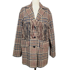 NEW Mango Fringed Blazer Jacket S Brown Plaid...