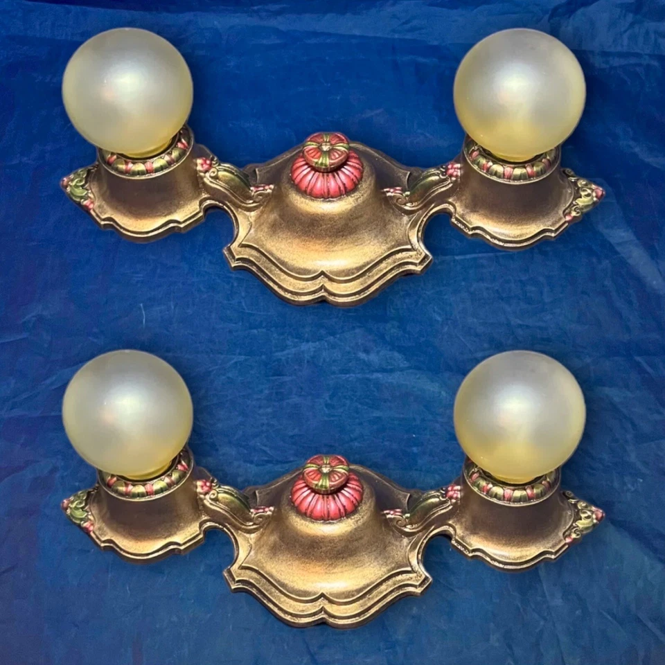 Pair Two Socket Antique Flush Fixtures Nice Finish Rewired 31J - Image 2 of 4