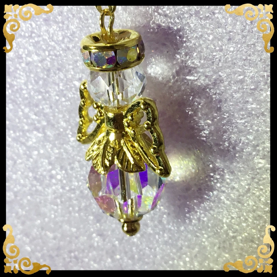 Handcrafted Bright Gold Angel Bar And Ball Chain Made With Swarovski Lamp Pull - Image 3 of 4