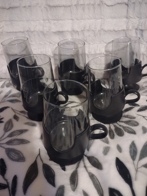 #ad Vintage MCM Corning Mug Retro Glas Snap 12 oz Glass Plastic black Base Set Of 6 $15.00