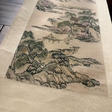Chinese Landscape Art Hanging Scroll Mountain River Village Calligraphy Seal 49”