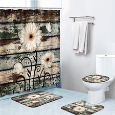 4 Piece Shower Curtain Sets, Flower Daisy White Vintage Wood with Non-Slip Ru...