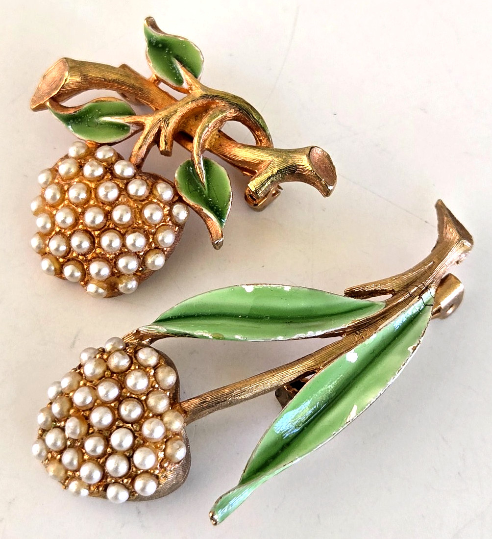 2 Vintage JJ Jonette Jewelry Faux Pearl Fruit Enamel Gold Tone Pin Lot
