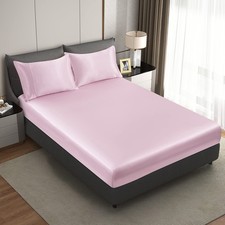 Pink Silk Satin Full Fitted Sheet Deep Pocket Breathable Non Fading