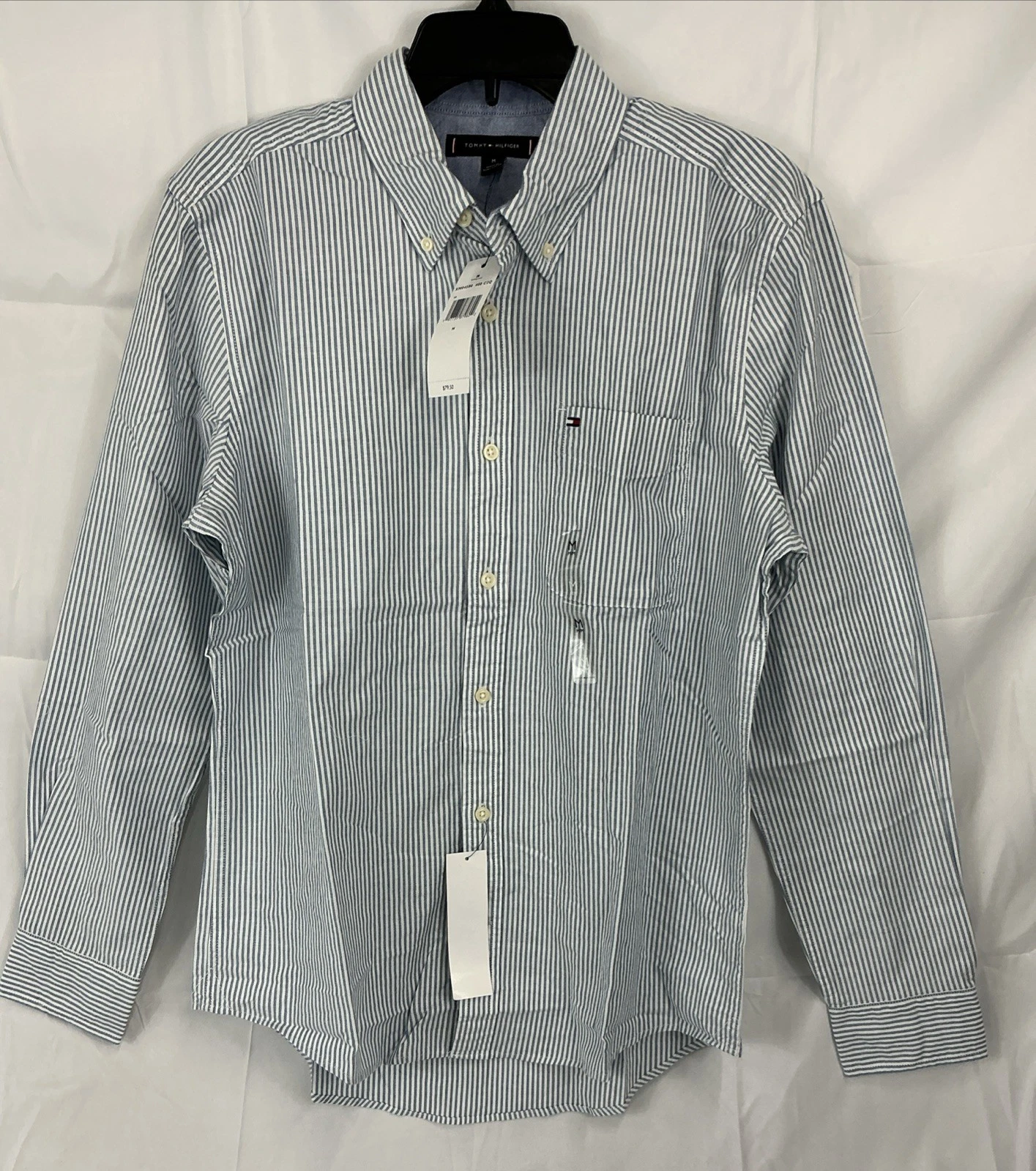 NWT Tommy Hilfiger Men’s Med Striped Blue & White Button Down Cotton Shirt