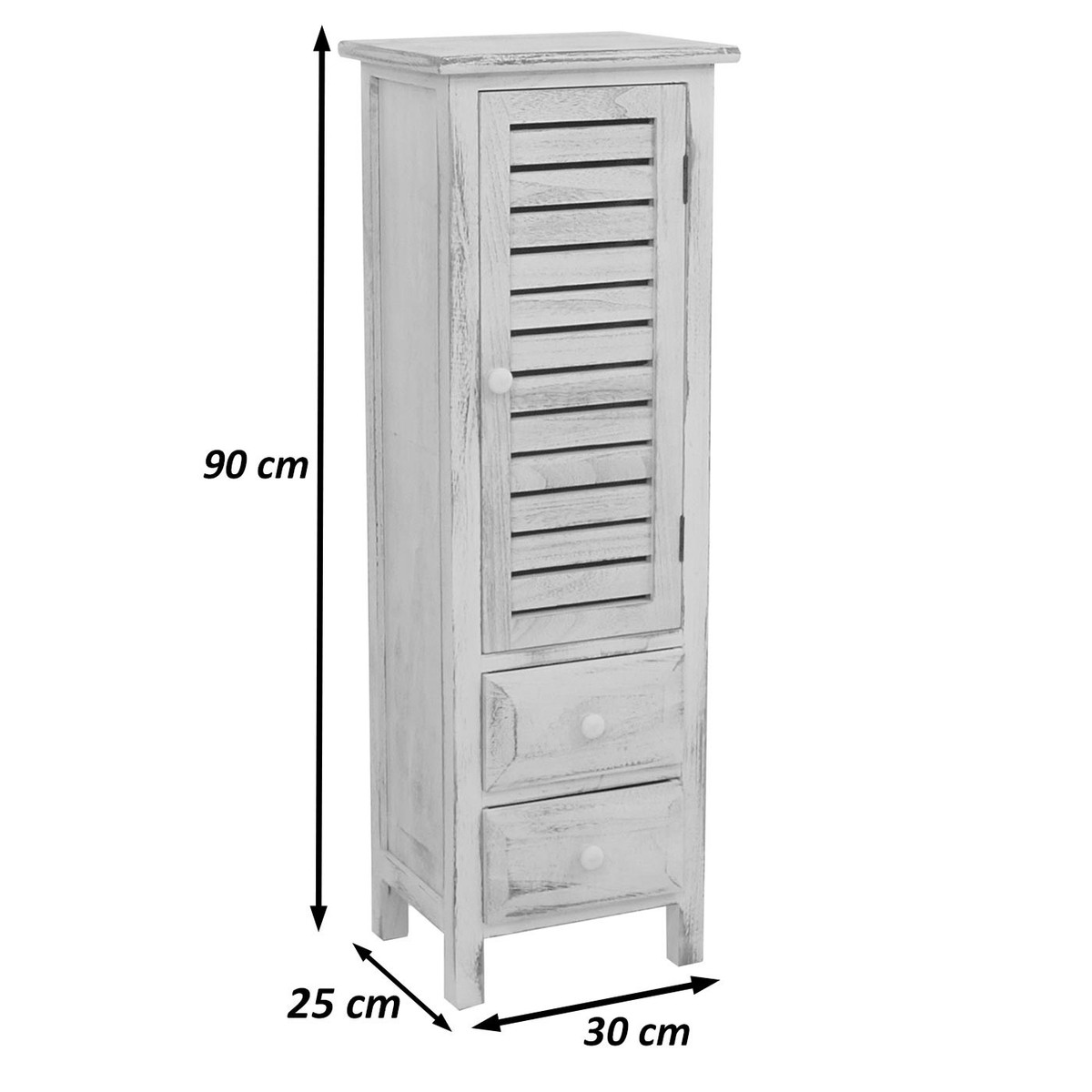 Kommode Schrank, 90x30x25cm, Shabby-Look, Vintage weiß