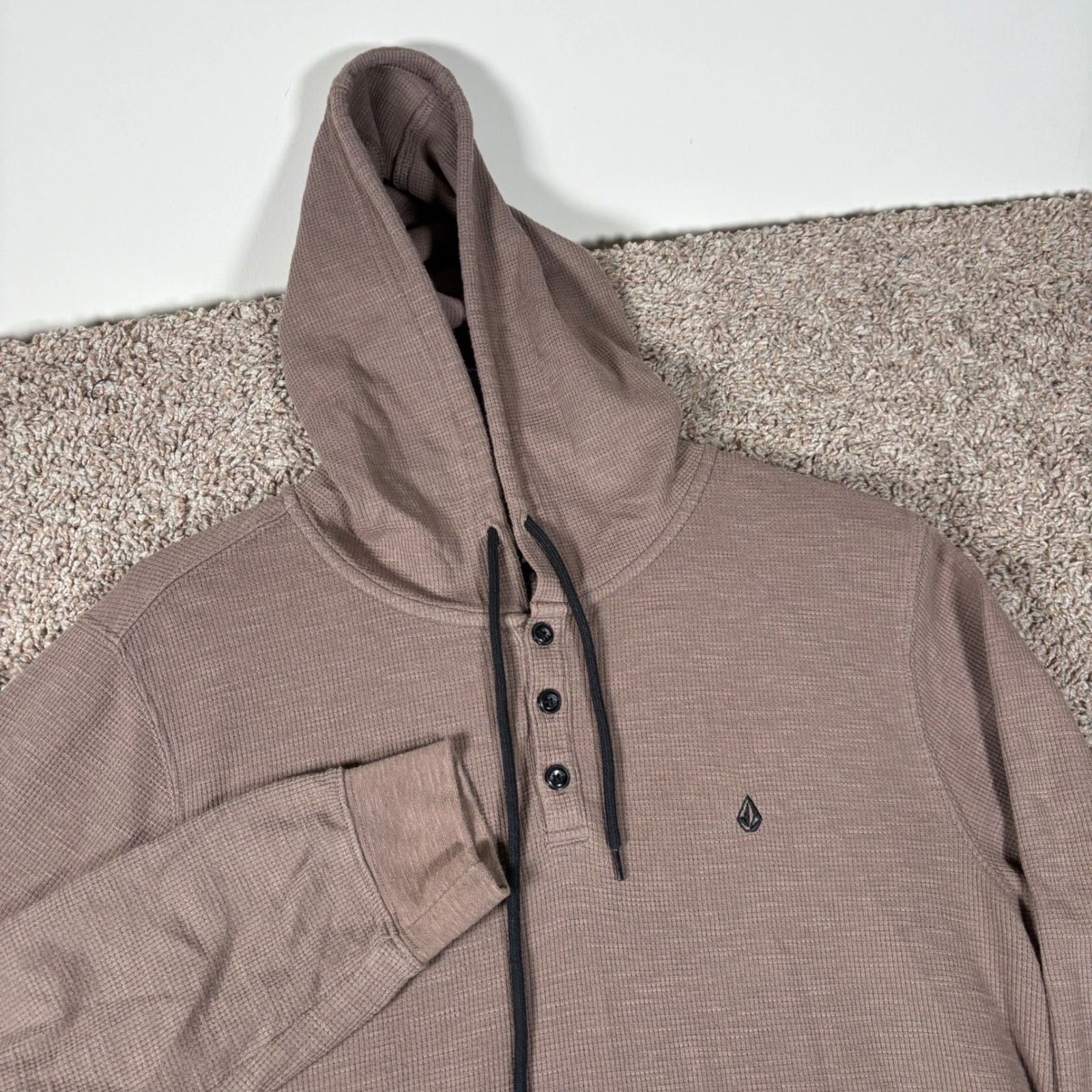 Volcom Mens Waffle Knit Henley Hoodie Mauve Brown Thermal A5332402 Size M