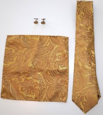 MEN'S GOLD 3 PIECE PAISLEY NECKTIE HANKERCHIEF CUFFLINGS SET