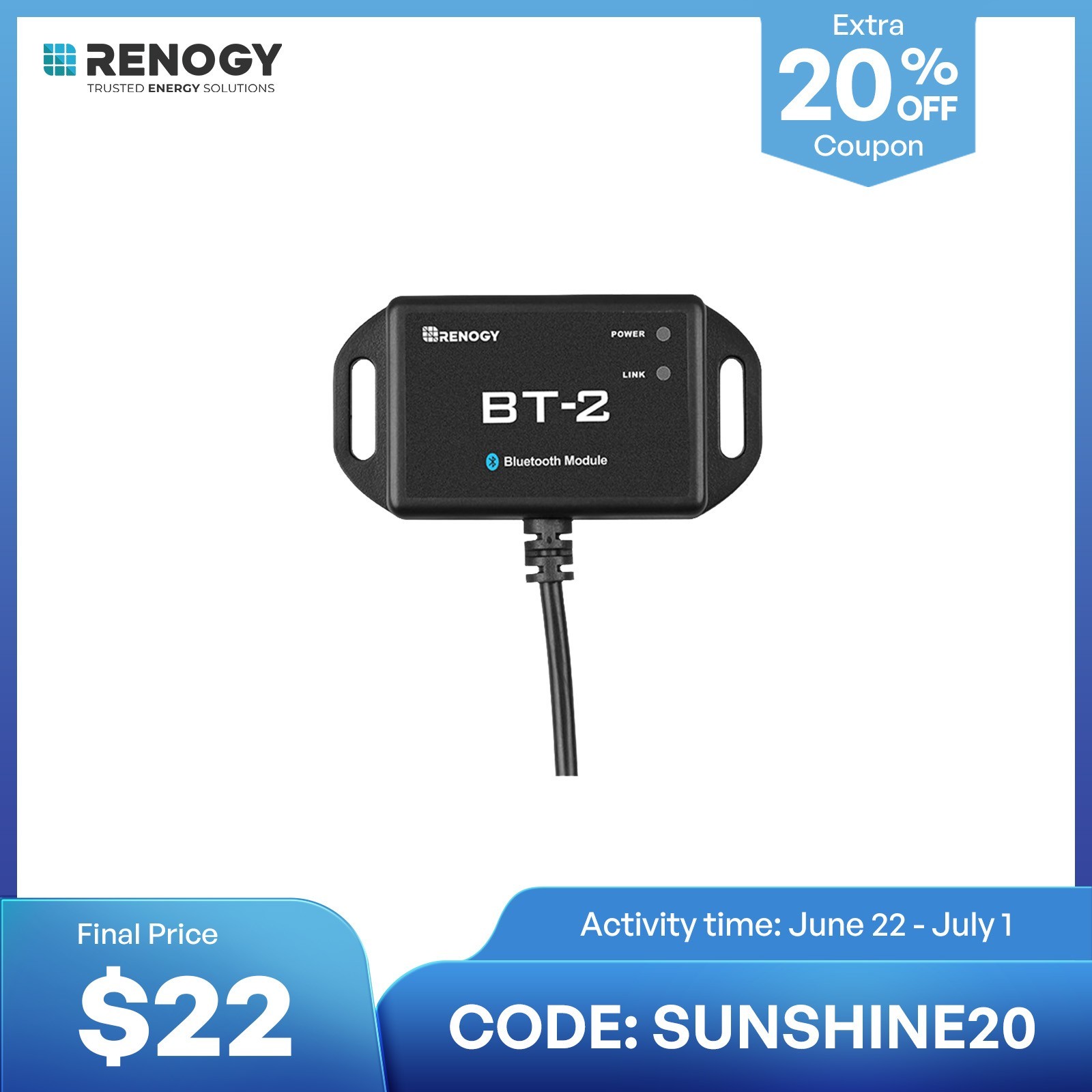 Renogy BT-2 Bluetooth Module RJ45 Communication Port Wirelessly Monitor