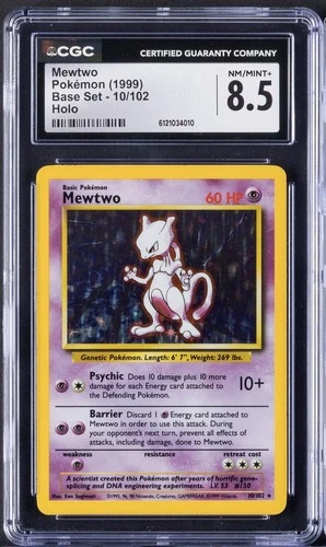 1999 Pokemon Mewtwo Base Set Holo 10/102 CGC 8.5 Mint+