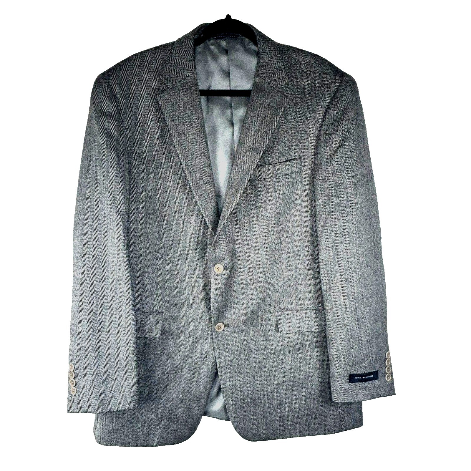 Tommy Hilfiger Herringbone Sport Coat Blazer Gray  100% Wool Suit Jacket 44L thumbnail 2