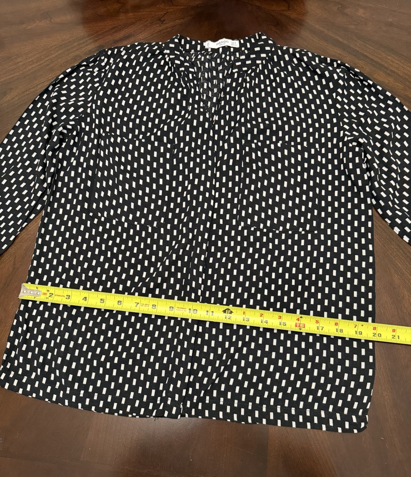 MANGO Geometric Black White Split Neck Button Lon… - image 8