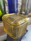 Vintage Federal Glass Amber Golden Yellow 4" Square Refrigerator Dish with Lid