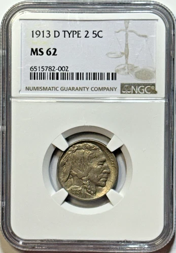 1913-D Type 2 Buffalo Nickel- NGC MS62– Rare Sharp Strike Collector’s Gem!