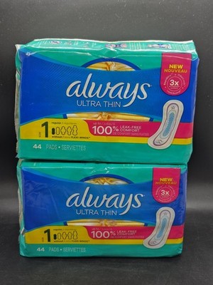 Always Ultra Thin Size 1 Regular Pads Unscented Without Wings 44 Count 2 Packs
