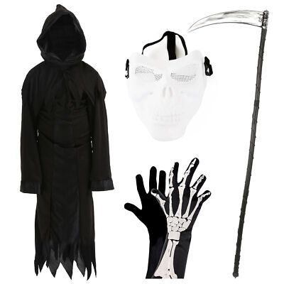 TEENS SKELETON GRIM REAPER FANCY DRESS COSTUME HALLOWEEN BLACK
