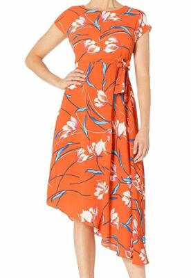 $254 Donna Morgan Women's Orange Printed Cap Sleeve Asymmetrical Dress Size 0