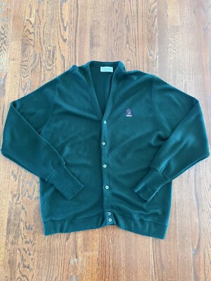 VTG Izod Green Cardigan Sweater Embroidered Crest Preppy Acrylic USA Made  XL