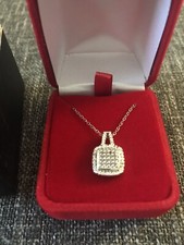 Platinum Plated Pave Diamonds Square Pendant Necklace 1/10 carat NIB