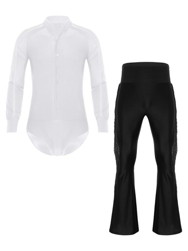 Mens Latin Tango Dance Costume Sequined Tassels Rhinestones Bodysuit with Pants - Picture 122 of 219