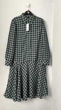 Cos Green Check Dress With Gathered Detail Size 12 Wool Mix