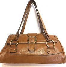 Caramel Brown Faux Pebbled Leather Shoulder Handbag Double Straps Brass Hardware